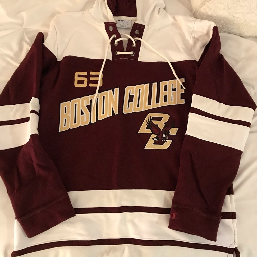 Maroon and white hockey sweatshirt
